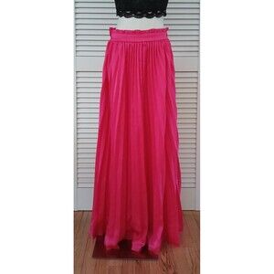 Three Bird Nest Hot Pink Long Pleated Maxi Skirt Elastic Waist Flowing Silky